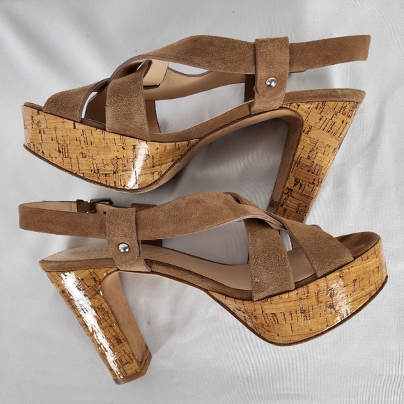 Barneys New York Brown Suede Strappy Leather Block Heel Platform Sandal Size 8 - Picture 10 of 11